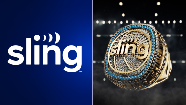 A collage with the Sling TV logo and a basketball ring with the Sling TV logo on it.