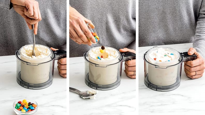 A person mixes candies into ice cream