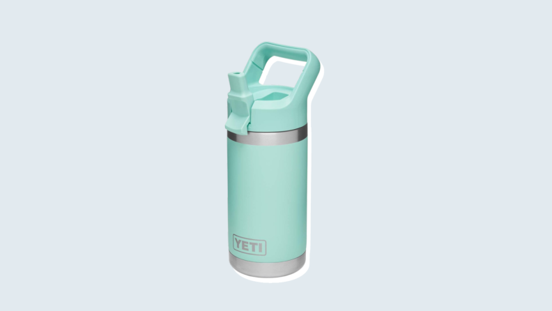 A baby blue Yeti, which is a great water bottle for a lunch bag and is leakproof.