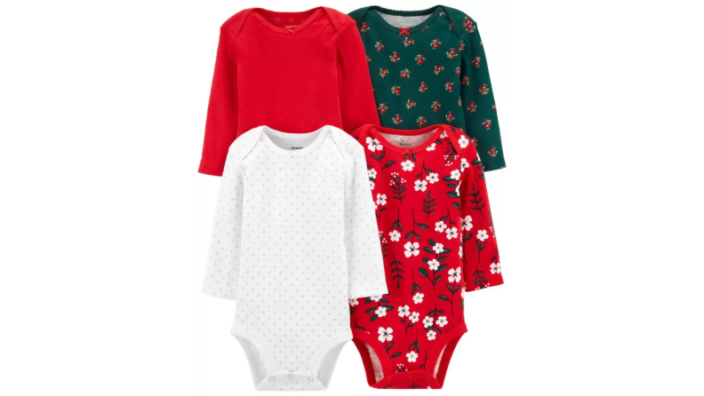 An image of four bodysuits in holiday prints in red, white, and green.