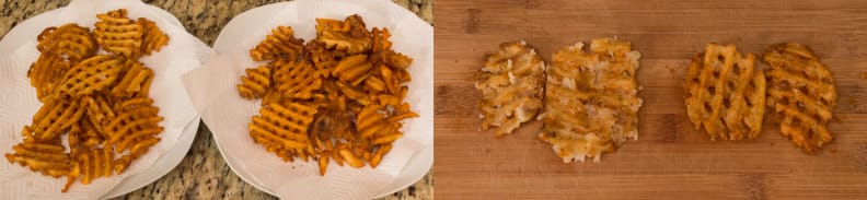 Conventional oven fries on the left in both shots. The color looks correct in both, but the smoosh test reveals all!