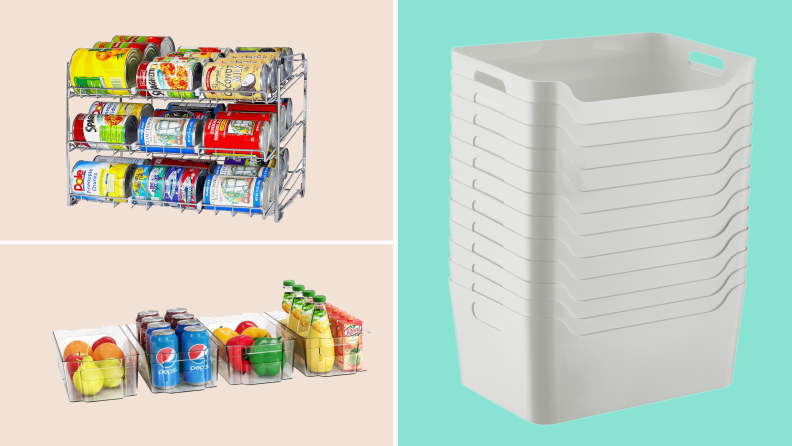 On top left, can organizers with cans of food inside. On bottom left, clear acrylic bins with food items inside. On right, white stacked bins from The Container Store.