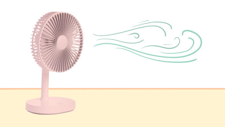 Cartoon graphic of small pink oscillating fan blowing out cool air.