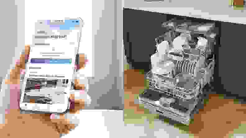 Left: hand using Bosch Home Connect app. Right: Open dishwasher revealing three racks filled with dishware