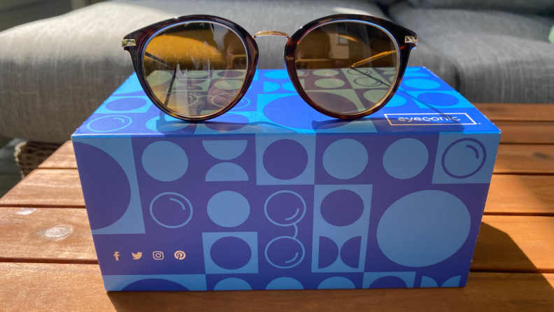 Eyeconic sunglasses on a blue box