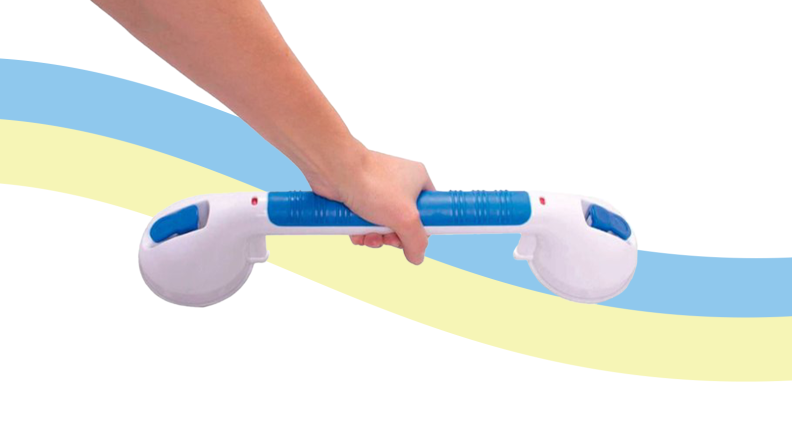 The Ultra Grip suction grab bar on a rainbow background