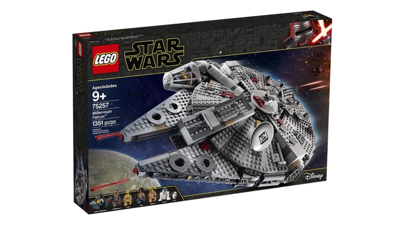 An image of a LEGO Star Wars building kit featuring the Millennium Falcon on the front.