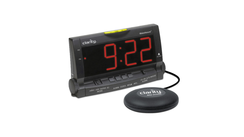 The Clarity WakeAssure Alarm Clock with bed shaker attachment on a white background