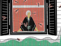 Illustration of person indoors watching cicadas fly outside of their screened-in window