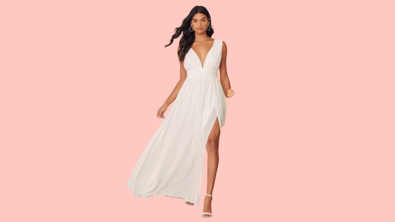 sleeveless empire waist white dress with slit