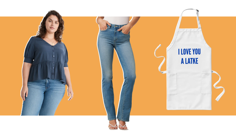 A blue top, blue flare jeans, and an apron that reads "I love you a latke."