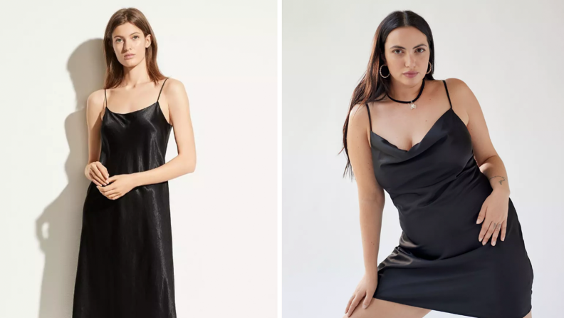 Collage of two women wearing black slip dresses.