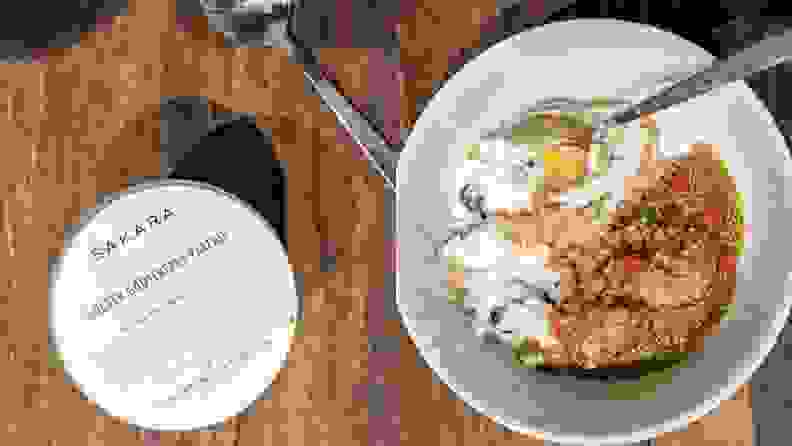 On left, container package for the Golden Gooseberry Parfait. On right, Golden Gooseberry Parfait contents inside of white bowl.