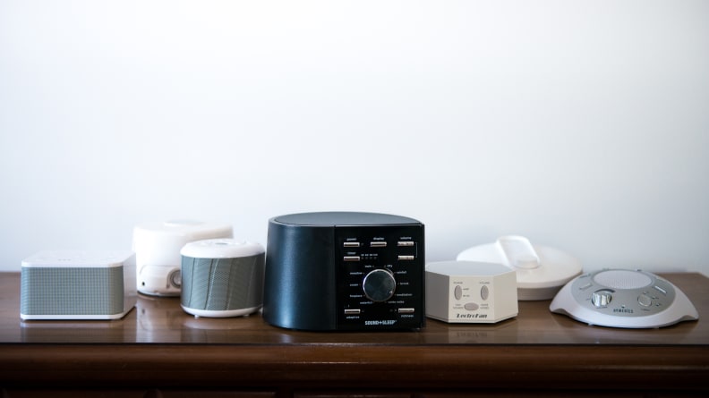 Different white noise machines on a table