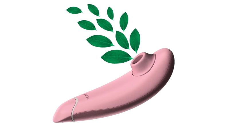 The Womanizer Premium Eco with leaves coming out of it.