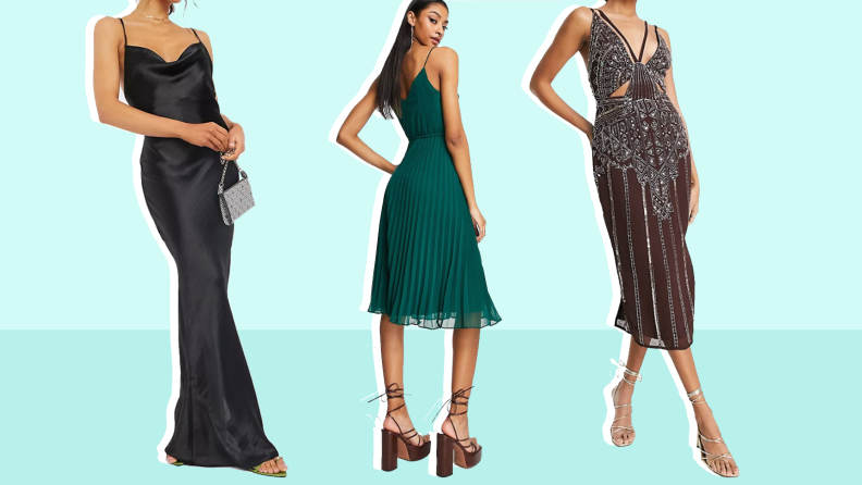 Collage of three ASOS wedding guest dresses: one is a slinky black dress, a knee-length green dress, and a body-con black dress.