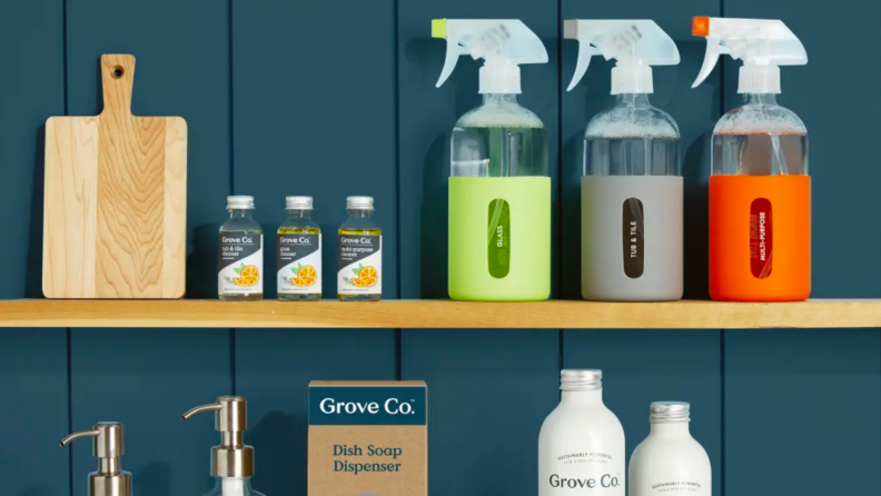 Grove Collaborative spray bottles and cleaning supplies.