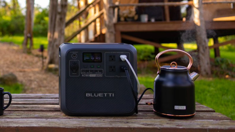 Bluetti power station attached to a coffee maker