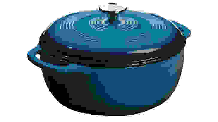 A Lodge round Dutch oven in blue