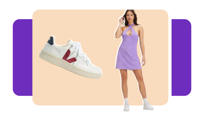A Skechers Sneaker, a woman in a purple dress.