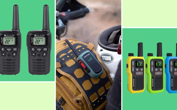 A colorful grid featuring walkie talkies from Midland, Rocky Talkie, and Baofeng