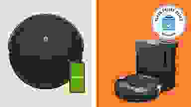 Two robot vacuums with the Black Friday Deals Reviewed badge in front of colored backgrounds.