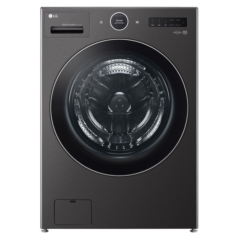 The front view of the LG WM6998HBA washer-dryer combo machine  in black steel.