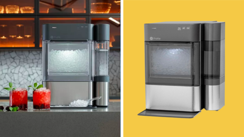 On the left, is a GE Profile Opal 2.0 Nugget Ice Maker next to two cocktail glasses. On the right is a GE Profile Opal 2.0 Nugget Ice Maker on a yellow background.