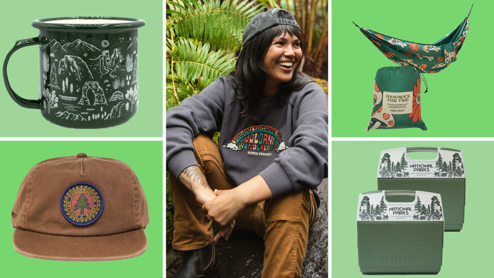 Collage of assorted Parks Project items including olive green outdoor-themed coffee mug, brown canvas dad hat with tree patch in middle, model smiling while wearing a gray graphic crewneck pullover sweatshirt, a green multicolored hammock next to portable carrying case and two green and white portable Igloo coolers.