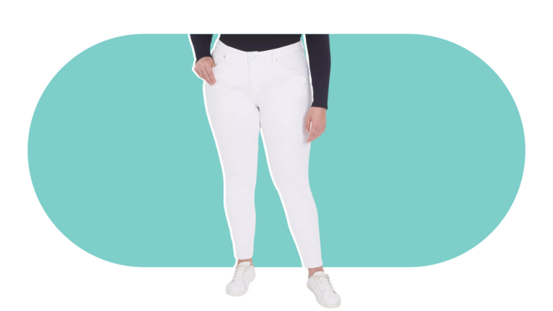 A model wearing the Lane Bryant Signature Fit Skinny Jean in white.