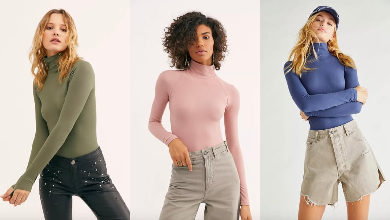 Models wearing a green, pink, and blue versions of the Seamless Turtleneck Bodysuit.