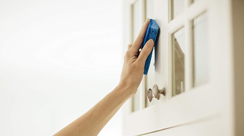 Hand cleaning door with sponge