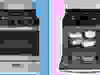 Two shots of the GE JGBS30REKSS gas range (one closed and another open with baked food inside) in front of a background.