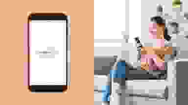 Side-by-side of a smartphone with the HubSpace app on the screen and a person sitting in a couch browsing her phone.