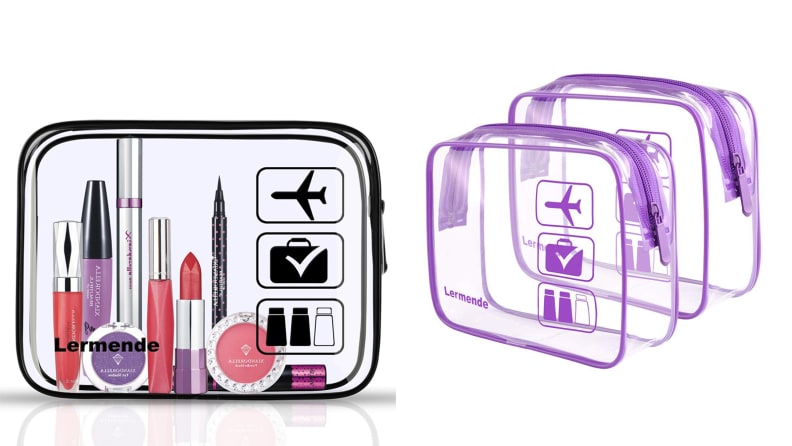 On the left: A transparent cosmetic bag from Lermende sits with beauty products inside of it. On the right: Two transparent bags from Lermende are sitting side by side empty.