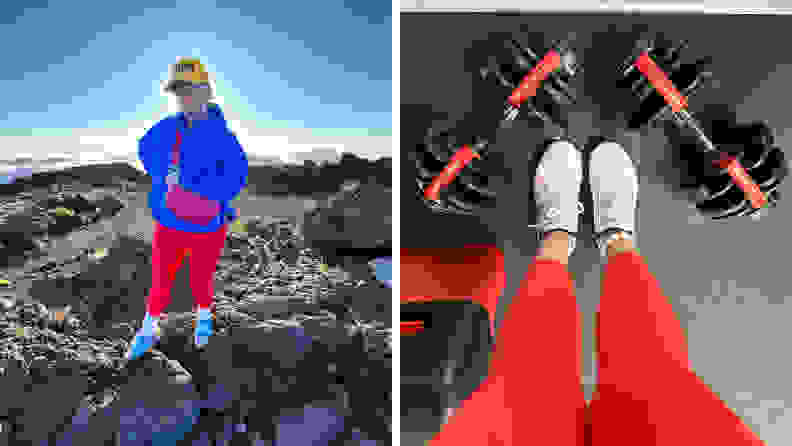 A photograph of the author wearing red tights and a blue jacket on a hike, and another photograph of the author’s legs in red leggings at the gym.