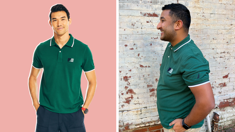 Collage of two men wearing a green polo shirt.