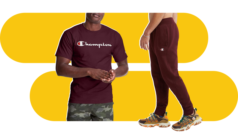 A man in a Maroon Champion t-shirt and sweatpants.
