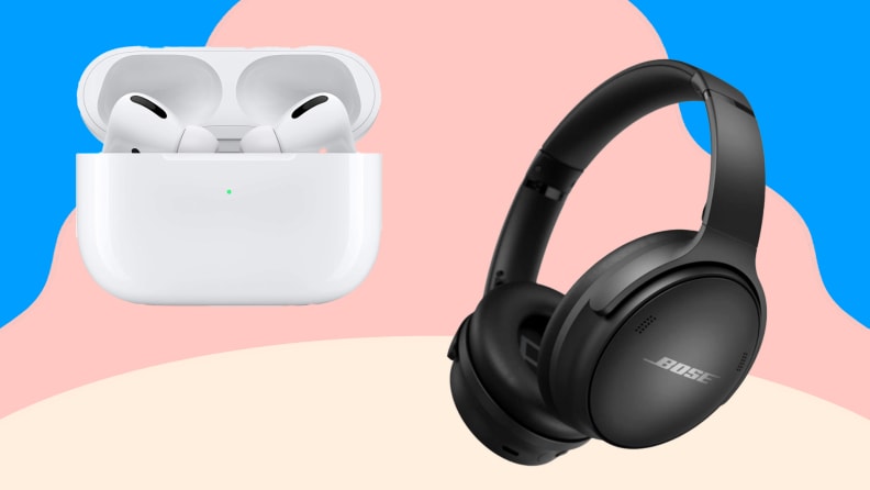 On left, Apple Airpods Pro. On right, black Bose headphones.