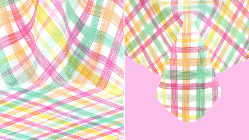 Product shot of green, yellow, white and pink gingham printed tablecloth.