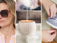 (left) a woman wears a pair of tortoiseshell sunglasses. (center) a room diffuser goes to work in a living room. (right) a person puts away baby shoes into a keepsake box.