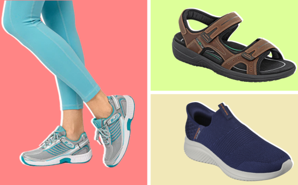 A three panel image with Orthofeet sneakers, Skechers slip-ins and Orthofeet sandals on a colorful background