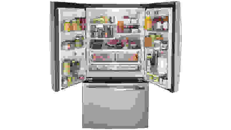 A shot of the inside of the GE GNE27JSMAFSS French door refrigerator, its top doors open, and its interior filled with food.