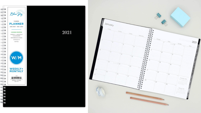 On the left, a black 2021 planner is closed; the brand name Blue Sky is printed on the label. To the right, the same planner is folded open to show the calendar pages inside. A couple pencils and post-it notes are displayed beside it.
