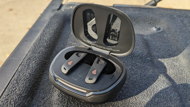 The Edifier NeoBuds Pro 2 inside their open case.