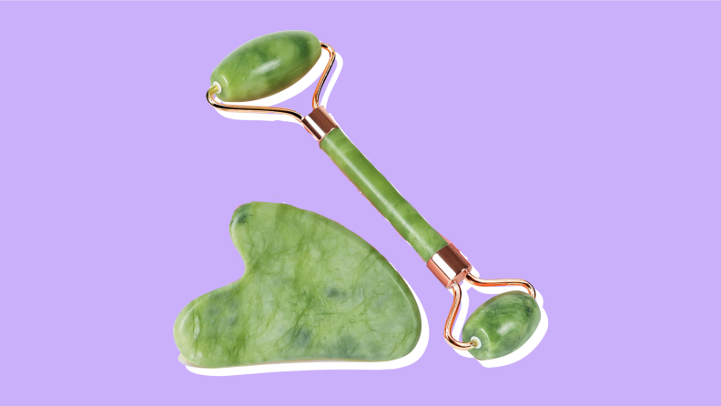 Baimei Gua Sha & Jade Roller on a purple background.