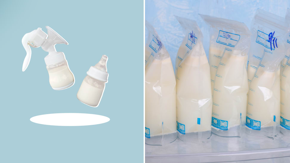 On left, breast milk inside of bottle and pump. On right, breast milk stored inside of pouches in fridge.