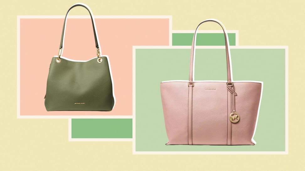 A photo collage of a green Large Leather Tote and a pink Large Leather Tote.