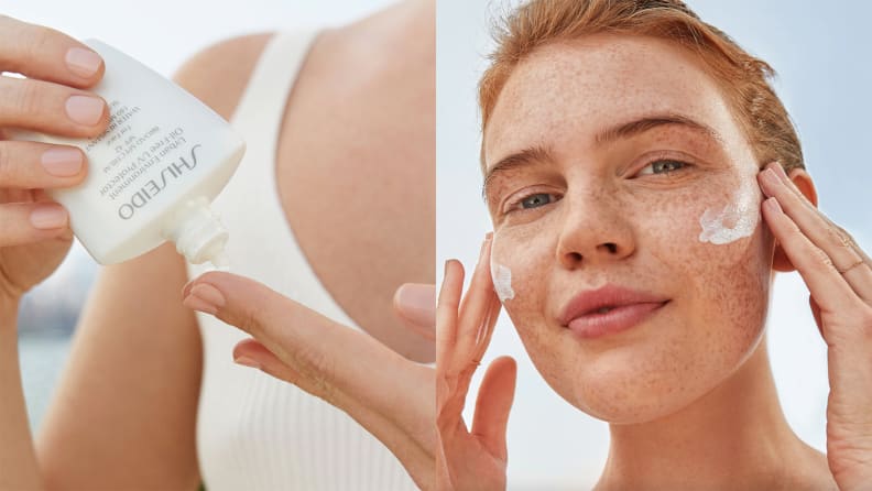 On the left: A closeup of a person's hand tipping a bottle of sunscreen upside down to pour formula into the other hand. On the right: A person applying white cream to their cheeks and smiling into the camera.