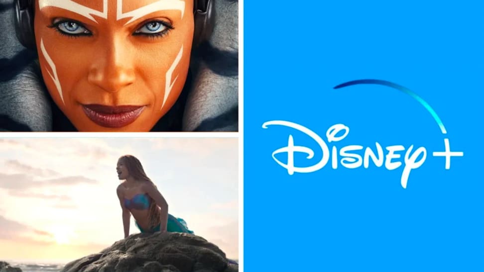 A close-up of the character Ahsoka and a screenshot from the film "The Little Mermaid" next to the Disney+ logo in front of a blue background.